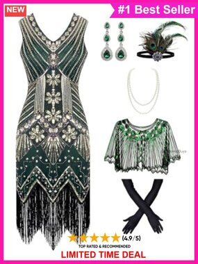 Plus Size 1920s Vintage Sequin Flapper Dress with Fringe and Cape